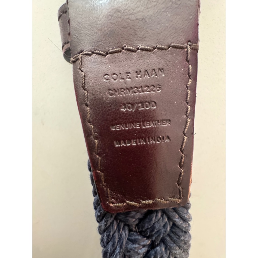 Cole Haan Mens Braided Cord Belt Navy Blue Brown Leather Trim Size 40 - Picture 2 of 4